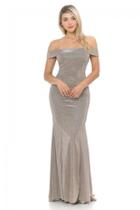  Off The Sholder Taupe Metallic Fit & Flare Long Formal Dress