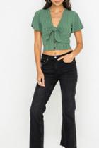  Ribbed Cropped Front Tie Button Down Top