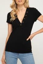  Ribbed Button V Neck S/s Top