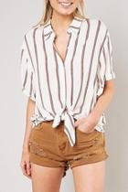  Striped Front-tie-button-down Top