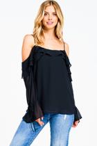  Cold Shoulder Ruffled Bell Sleeve Blouse
