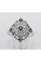  Vintage Reproduction Style White Gold Diamond And Tanzanite Cocktail Cluster Ring Size 6.75 Free Sizing