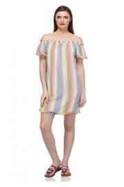  Rainbow Striped Off The Shoulder Dress