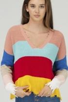  Distressed Color Block Double V Neck Sweater