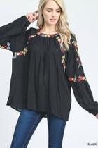  Embroidered Bubble-sleeves Top