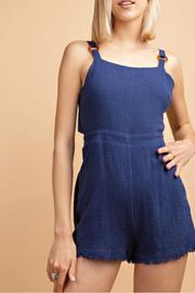  Wood Ring Strap Back Tie Romper With Fringe Trim