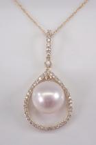  14k Yellow Gold Diamond And Pearl Drop Pendant Necklace With Chain 18 June Birthstone