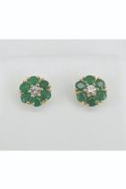  Emerald And White Sapphire Stud Earrings Flower Wedding Studs Yellow Gold May Birthstone