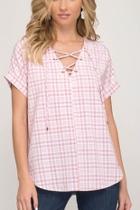  Gingham Lace Up Top