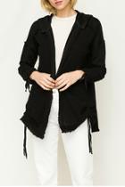  Mix Fabric Open Hooded Jacket W Ruching Detail