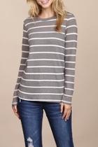  Long-sleeved-round-neck-striped Waffle Top