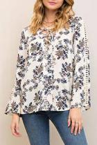  Floral Lace Up V Neck Blouse