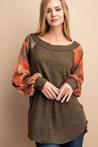  Brushed Waffle Tie Dye Contrasted Sleeve Tunic Top