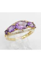  14k Yellow Gold Diamond And Amethyst Cocktail Ring Anniversary Band Size 7 Stackable Look