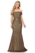  Off The Sholder Gold/red Metallic Fit & Flare Long Formal Dress