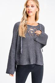  Bell Sleeve Lace Up Ribbed Sweater