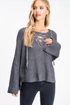  Bell Sleeve Lace Up Ribbed Sweater
