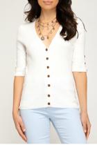  Half Sleeve Button Down Rib Knit Sweater Top