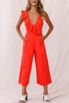  Red Ruffle-accent Jumpsuit