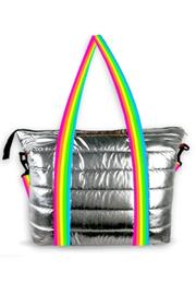  Silver Metallic Puffer Tote W/ Rainbow Straps