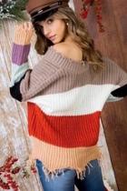  Colorblock Frayed-hem Sweater