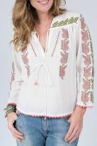  White Long Sleeve Blouse With Tie Mandarin Collar