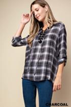  Eyelet Detail Lace Up Plaid Top