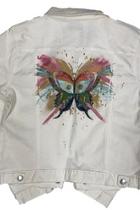  [blue Age] Women's Colored Denim Jean Jacket With Hand Painted Pink Butterfly