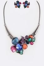  Crystal Metallic-flower Necklace-set