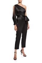  Black Liquid Satin 1-sleeve Jumpsuit