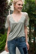  Sage Knit Top With Lace Sleeve