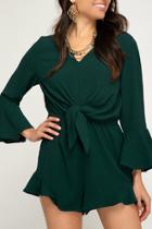  Bell Sleeve Woven Romper With Front Tie Detail