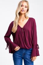  Bell Sleeve Faux Wrap Blouse