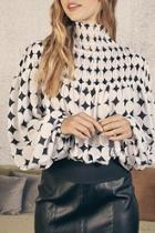  Geo Print Smocked Mock Turtleneck Blouse
