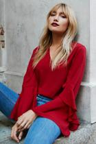  Red Ruffle Flare Slv Blouse