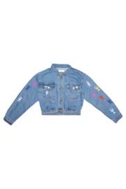  Rainbow People Sleeve On Blue Crop Denim Jacket