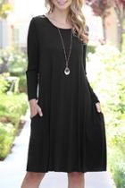  3/4-sleeve-solid-rayon-spandex Pocket Dress