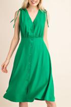  V-neck Button Up Midi Dress