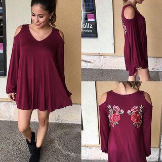 Cold Shoulder Embroidered Tunic