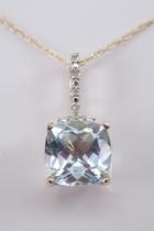  Aquamarine And Diamond Pendant Necklace 14k Yellow Gold 18 Chain Cushion Cut Aqua March Gemstone