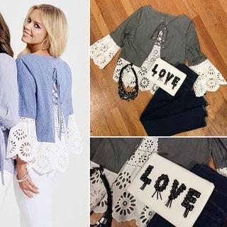  Grey Stripe Eyelet Blouse