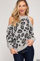  Long Sleeve Cold Shoulder Leopard Print Fuzzy Knit Sweater Top