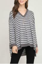  Long Sleeve Striped Knit Pullover Top With Hood