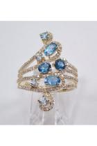  Yellow Gold Multi Row Gemstone Blue Topaz Aquamarine Diamond Ring Size 7 Mothers Ring Free Sizing