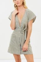  Khaki Striped Plunge Dress