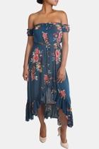  Blue Off-the-shoulder Floral-dress