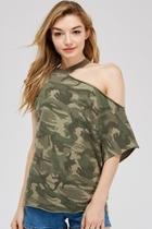  Cutout-shoulder Camo Top