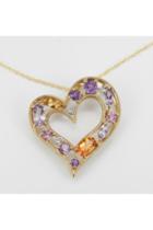  Multi Color Gemstone Diamond Heart Pendant Necklace Yellow Gold 18 Chain Amethyst Tanzanite Citrine Pink Tourmaline