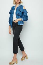  Deb Cold Shldr Ruffle Detail Baseball Jacket
