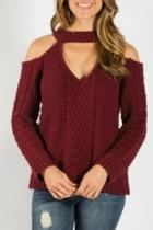  Burgundy Cold-shoulder Sweater